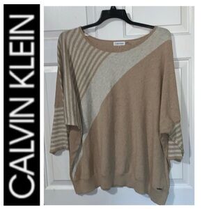 💛 CALVIN KLEIN Tan and Ivory 3/4 Sleeve Cotton Blend Sweater NWT $90 2X